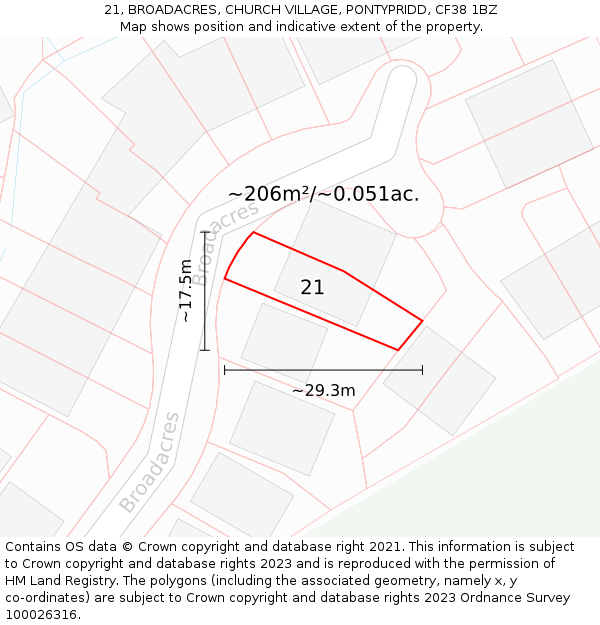 21, BROADACRES, CHURCH VILLAGE, PONTYPRIDD, CF38 1BZ: Plot and title map