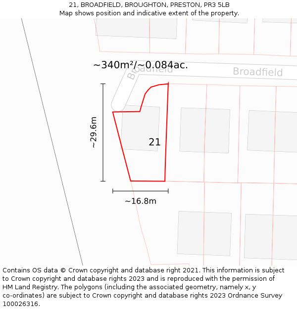 21, BROADFIELD, BROUGHTON, PRESTON, PR3 5LB: Plot and title map