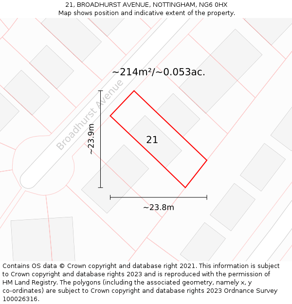 21, BROADHURST AVENUE, NOTTINGHAM, NG6 0HX: Plot and title map