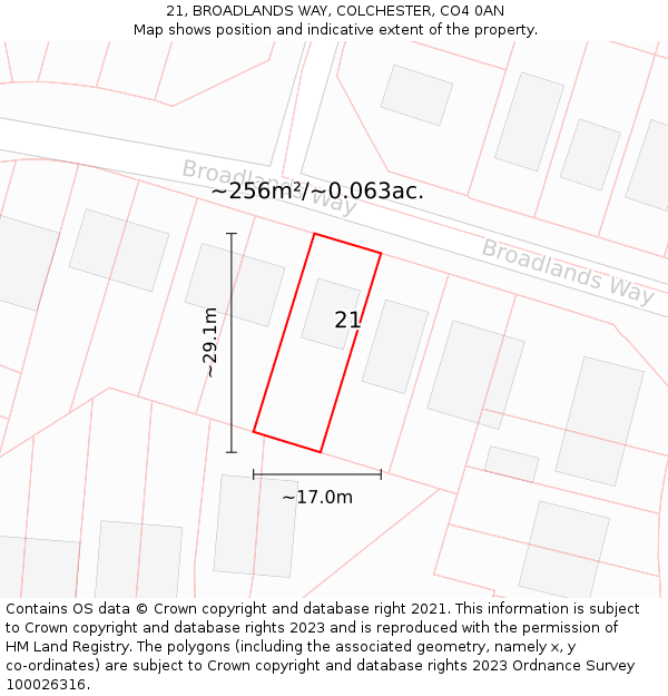 21, BROADLANDS WAY, COLCHESTER, CO4 0AN: Plot and title map