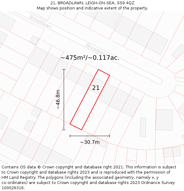 21, BROADLAWN, LEIGH-ON-SEA, SS9 4QZ: Plot and title map