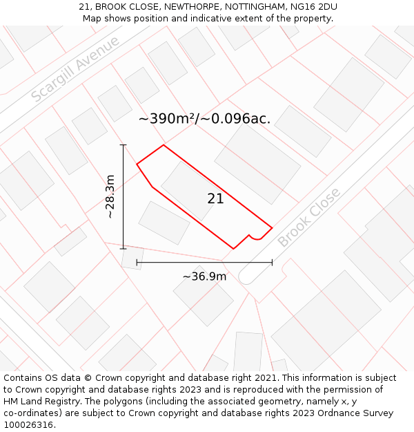 21, BROOK CLOSE, NEWTHORPE, NOTTINGHAM, NG16 2DU: Plot and title map