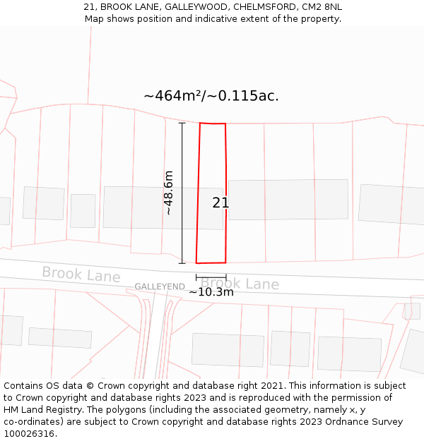 21, BROOK LANE, GALLEYWOOD, CHELMSFORD, CM2 8NL: Plot and title map