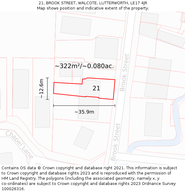 21, BROOK STREET, WALCOTE, LUTTERWORTH, LE17 4JR: Plot and title map