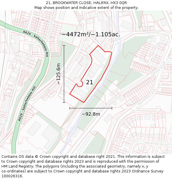 21, BROOKWATER CLOSE, HALIFAX, HX3 0QR: Plot and title map