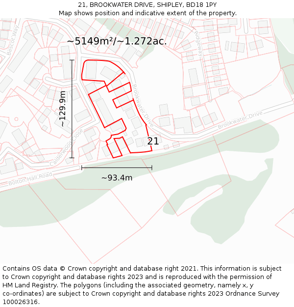 21, BROOKWATER DRIVE, SHIPLEY, BD18 1PY: Plot and title map