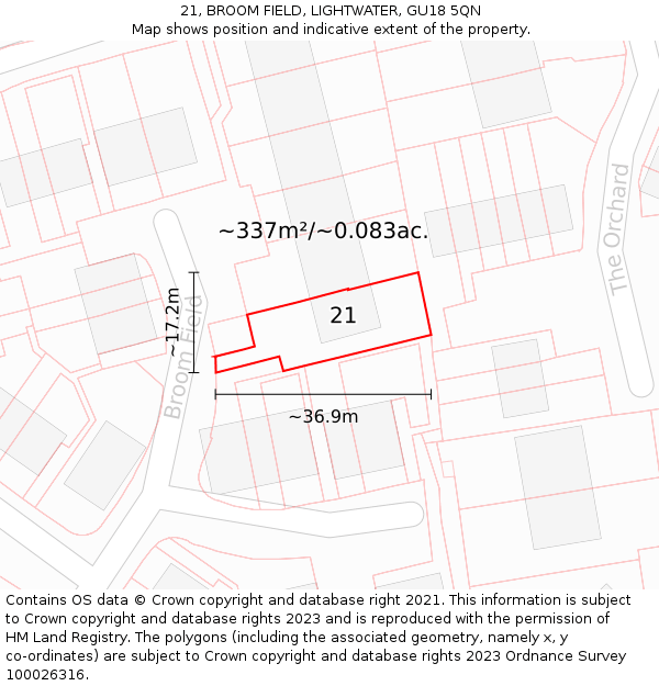 21, BROOM FIELD, LIGHTWATER, GU18 5QN: Plot and title map