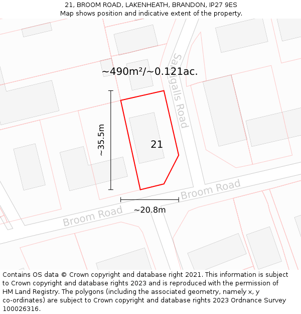 21, BROOM ROAD, LAKENHEATH, BRANDON, IP27 9ES: Plot and title map