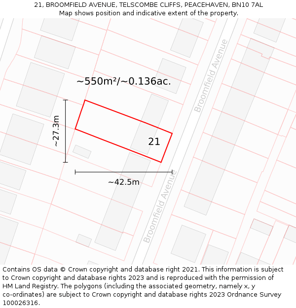 21, BROOMFIELD AVENUE, TELSCOMBE CLIFFS, PEACEHAVEN, BN10 7AL: Plot and title map