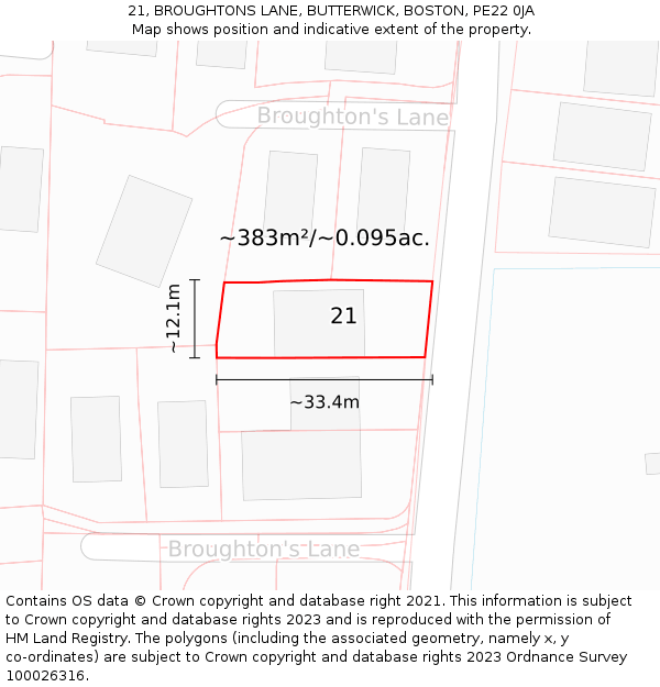 21, BROUGHTONS LANE, BUTTERWICK, BOSTON, PE22 0JA: Plot and title map