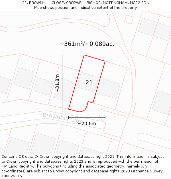 21, BROWNHILL CLOSE, CROPWELL BISHOP, NOTTINGHAM, NG12 3DN: Plot and title map