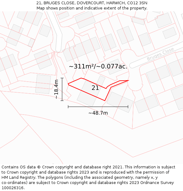21, BRUGES CLOSE, DOVERCOURT, HARWICH, CO12 3SN: Plot and title map