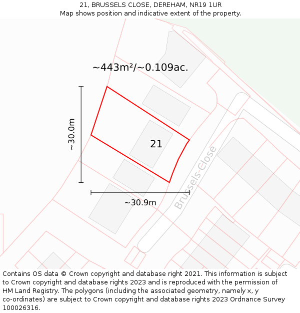 21, BRUSSELS CLOSE, DEREHAM, NR19 1UR: Plot and title map
