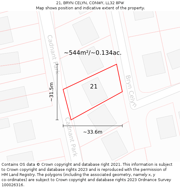 21, BRYN CELYN, CONWY, LL32 8PW: Plot and title map