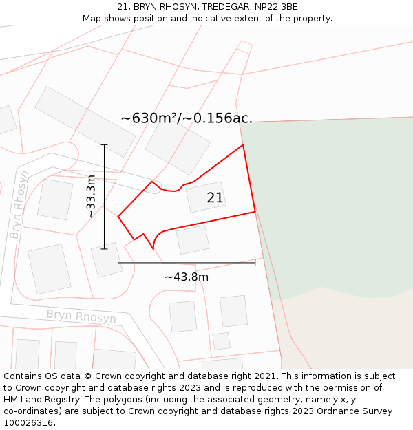 21, BRYN RHOSYN, TREDEGAR, NP22 3BE: Plot and title map