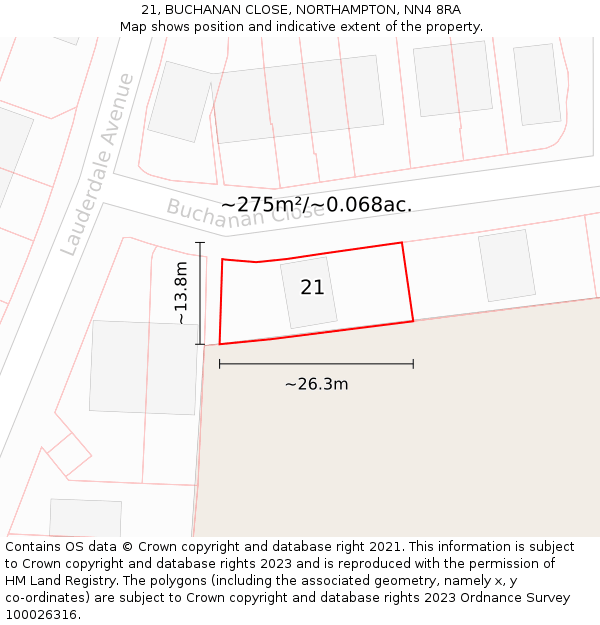 21, BUCHANAN CLOSE, NORTHAMPTON, NN4 8RA: Plot and title map