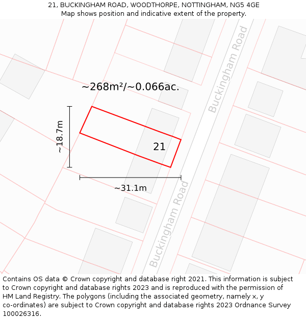 21, BUCKINGHAM ROAD, WOODTHORPE, NOTTINGHAM, NG5 4GE: Plot and title map