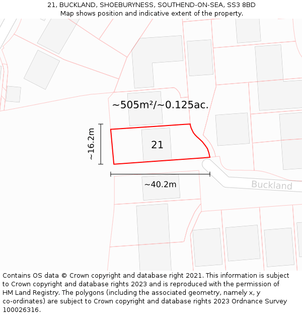 21, BUCKLAND, SHOEBURYNESS, SOUTHEND-ON-SEA, SS3 8BD: Plot and title map