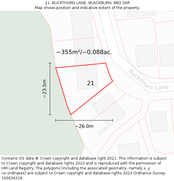 21, BUCKTHORN LANE, BLACKBURN, BB2 5AR: Plot and title map