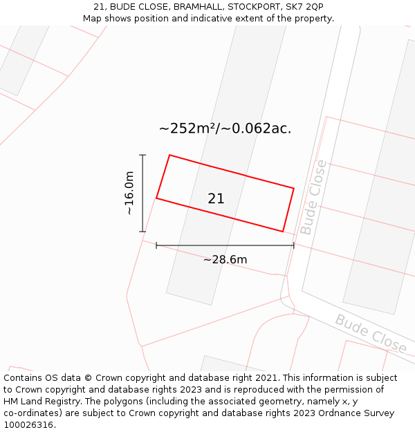 21, BUDE CLOSE, BRAMHALL, STOCKPORT, SK7 2QP: Plot and title map