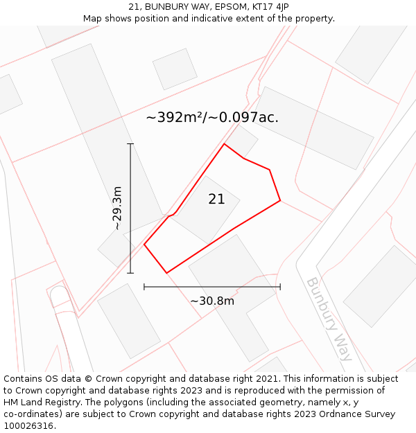 21, BUNBURY WAY, EPSOM, KT17 4JP: Plot and title map