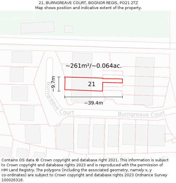 21, BURNGREAVE COURT, BOGNOR REGIS, PO21 2TZ: Plot and title map