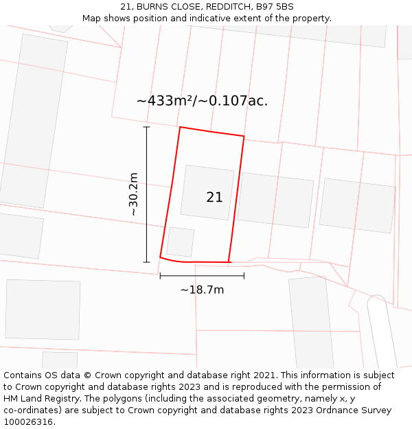21, BURNS CLOSE, REDDITCH, B97 5BS: Plot and title map