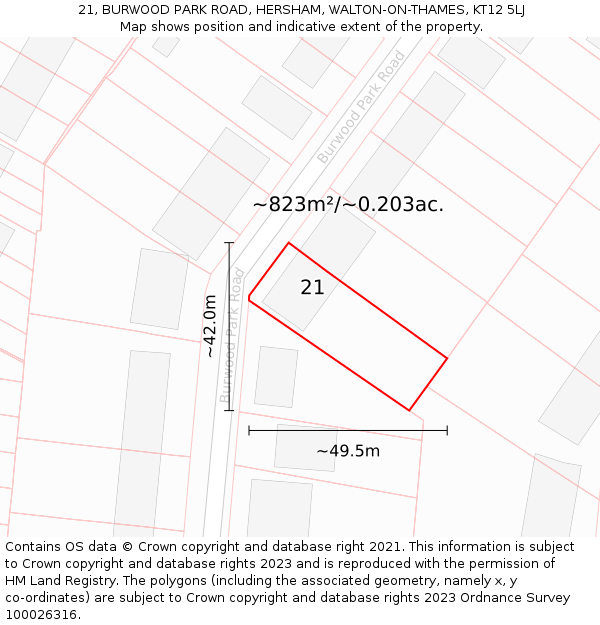 21, BURWOOD PARK ROAD, HERSHAM, WALTON-ON-THAMES, KT12 5LJ: Plot and title map