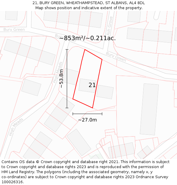 21, BURY GREEN, WHEATHAMPSTEAD, ST ALBANS, AL4 8DL: Plot and title map