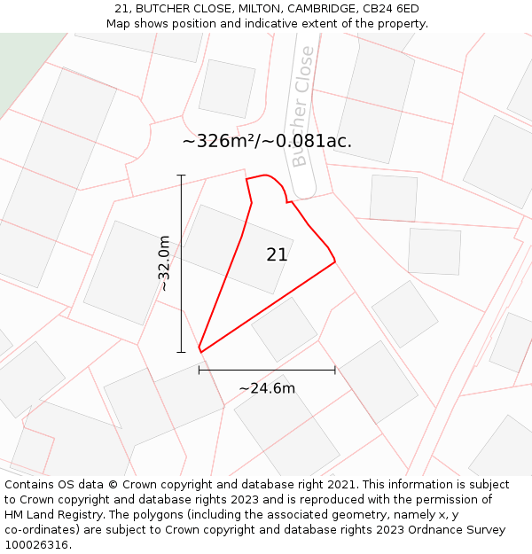 21, BUTCHER CLOSE, MILTON, CAMBRIDGE, CB24 6ED: Plot and title map