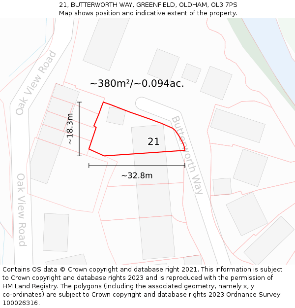 21, BUTTERWORTH WAY, GREENFIELD, OLDHAM, OL3 7PS: Plot and title map