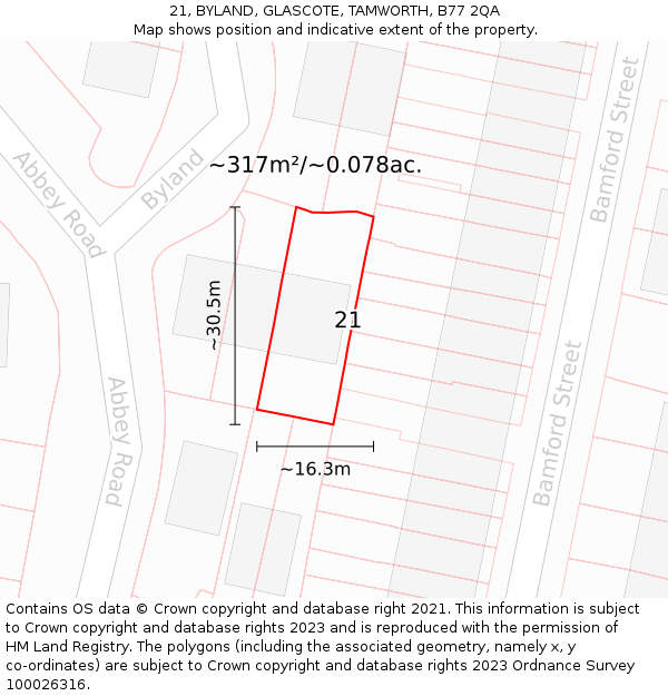 21, BYLAND, GLASCOTE, TAMWORTH, B77 2QA: Plot and title map