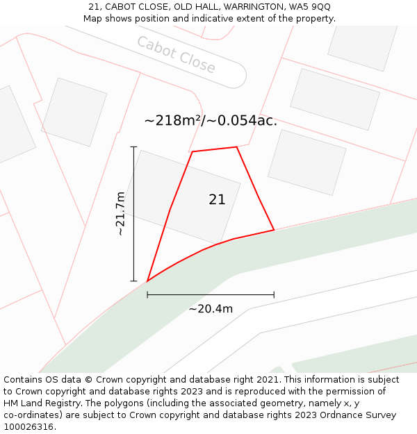 21, CABOT CLOSE, OLD HALL, WARRINGTON, WA5 9QQ: Plot and title map