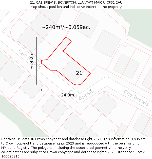 21, CAE BREWIS, BOVERTON, LLANTWIT MAJOR, CF61 2AU: Plot and title map