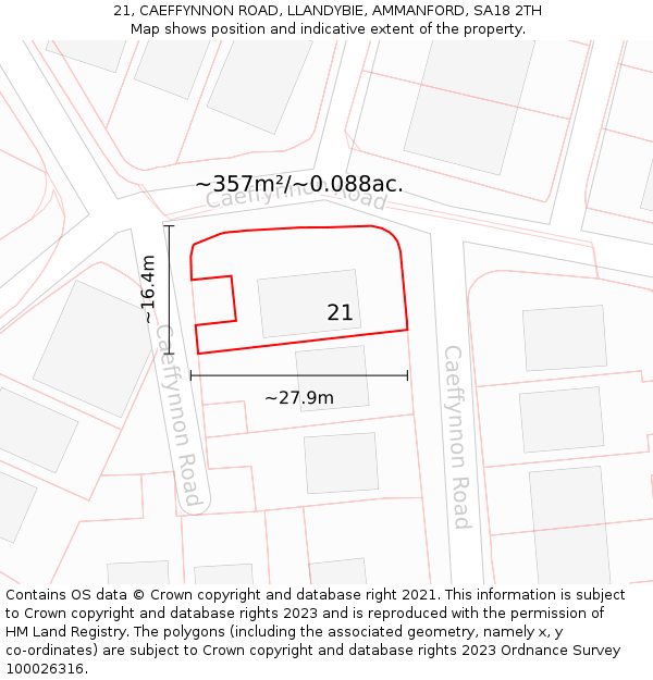 21, CAEFFYNNON ROAD, LLANDYBIE, AMMANFORD, SA18 2TH: Plot and title map