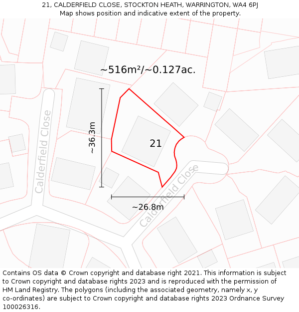 21, CALDERFIELD CLOSE, STOCKTON HEATH, WARRINGTON, WA4 6PJ: Plot and title map