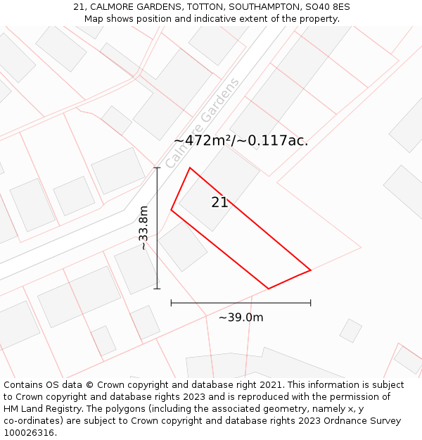 21, CALMORE GARDENS, TOTTON, SOUTHAMPTON, SO40 8ES: Plot and title map