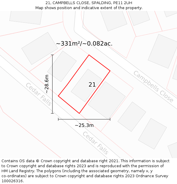 21, CAMPBELLS CLOSE, SPALDING, PE11 2UH: Plot and title map