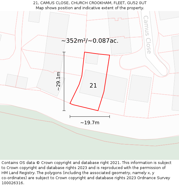 21, CAMUS CLOSE, CHURCH CROOKHAM, FLEET, GU52 0UT: Plot and title map