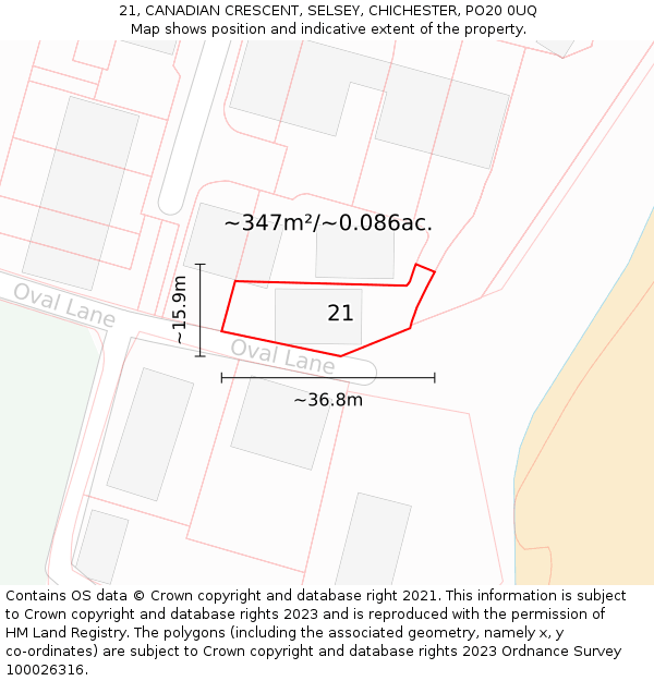 21, CANADIAN CRESCENT, SELSEY, CHICHESTER, PO20 0UQ: Plot and title map