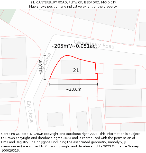 21, CANTERBURY ROAD, FLITWICK, BEDFORD, MK45 1TY: Plot and title map