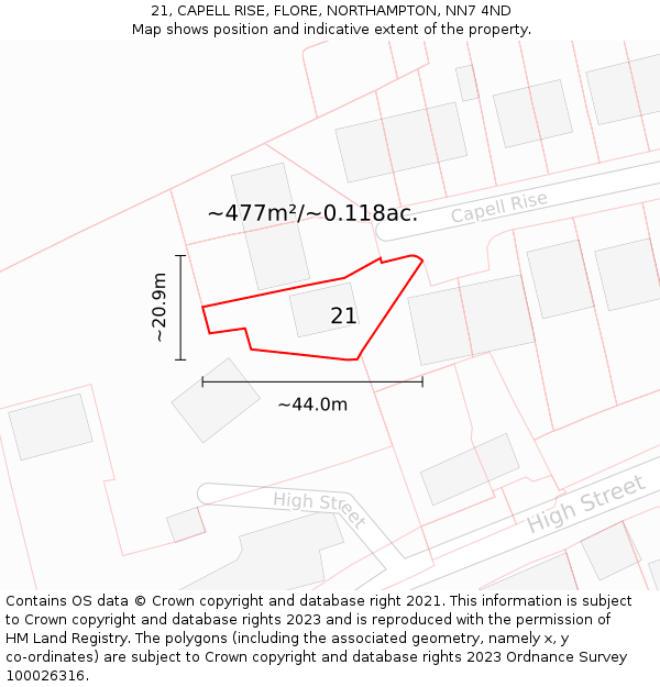 21, CAPELL RISE, FLORE, NORTHAMPTON, NN7 4ND: Plot and title map