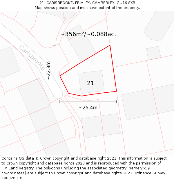 21, CARISBROOKE, FRIMLEY, CAMBERLEY, GU16 8XR: Plot and title map