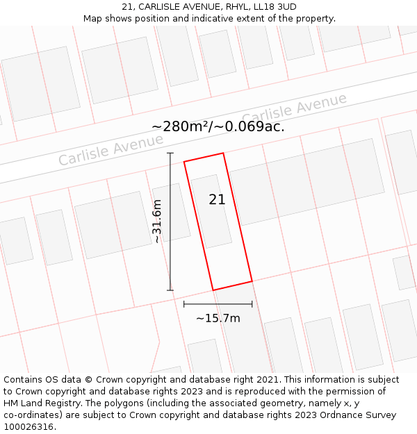 21, CARLISLE AVENUE, RHYL, LL18 3UD: Plot and title map