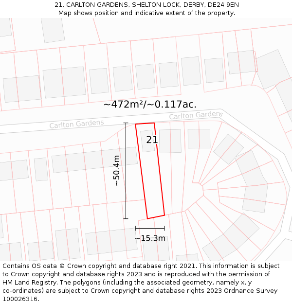21, CARLTON GARDENS, SHELTON LOCK, DERBY, DE24 9EN: Plot and title map