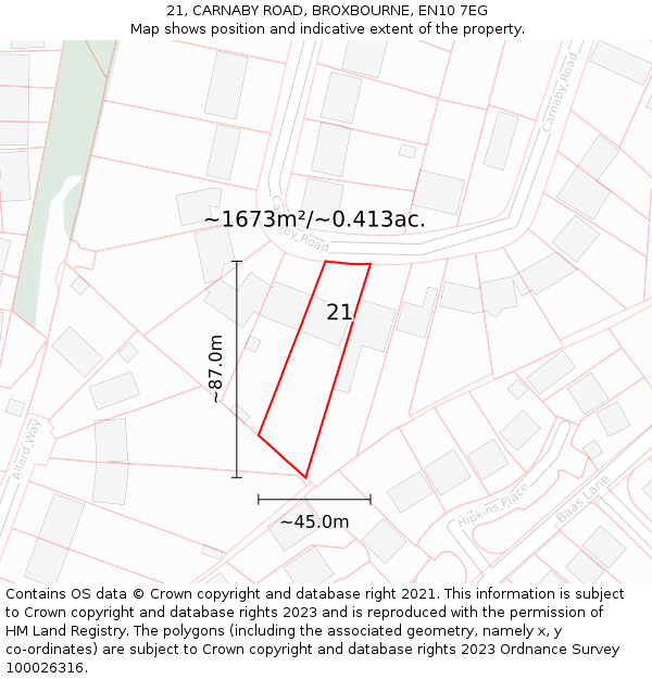 21, CARNABY ROAD, BROXBOURNE, EN10 7EG: Plot and title map