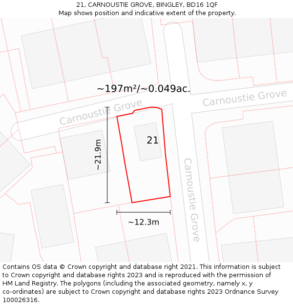 21, CARNOUSTIE GROVE, BINGLEY, BD16 1QF: Plot and title map