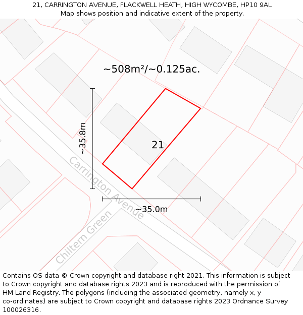 21, CARRINGTON AVENUE, FLACKWELL HEATH, HIGH WYCOMBE, HP10 9AL: Plot and title map