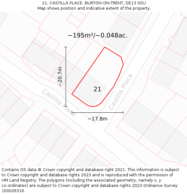 21, CASTILLA PLACE, BURTON-ON-TRENT, DE13 0SU: Plot and title map