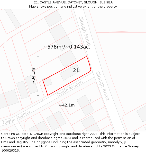 21, CASTLE AVENUE, DATCHET, SLOUGH, SL3 9BA: Plot and title map